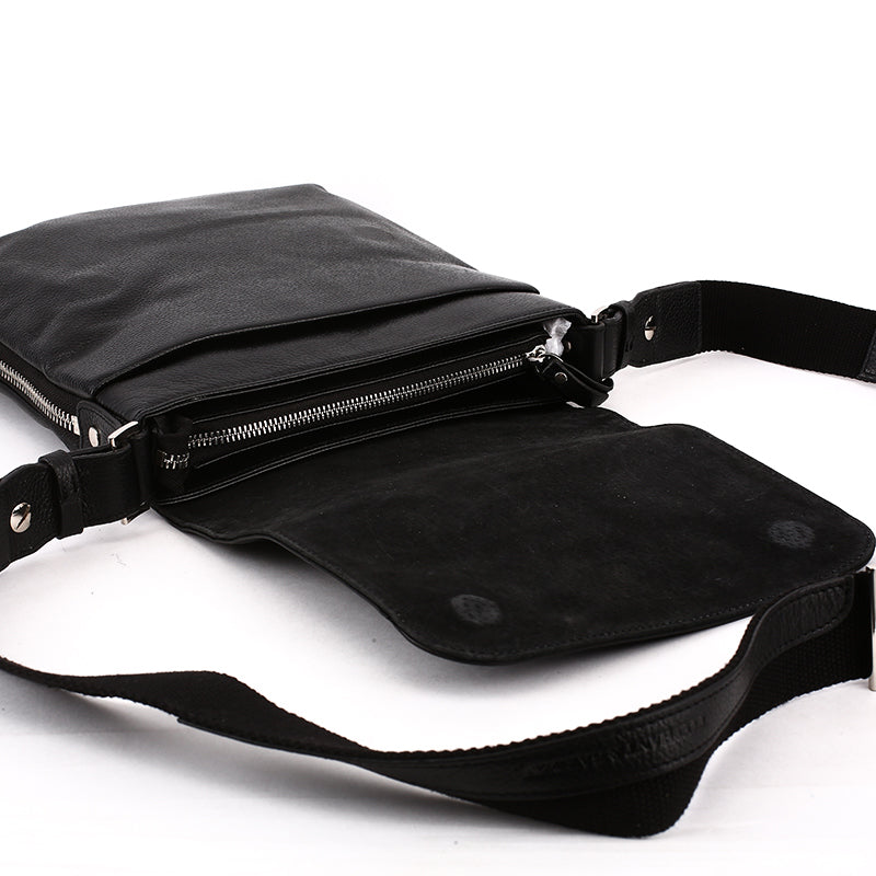 Elephant Garden Men's Leather Flapover Crossbody Bag- Black