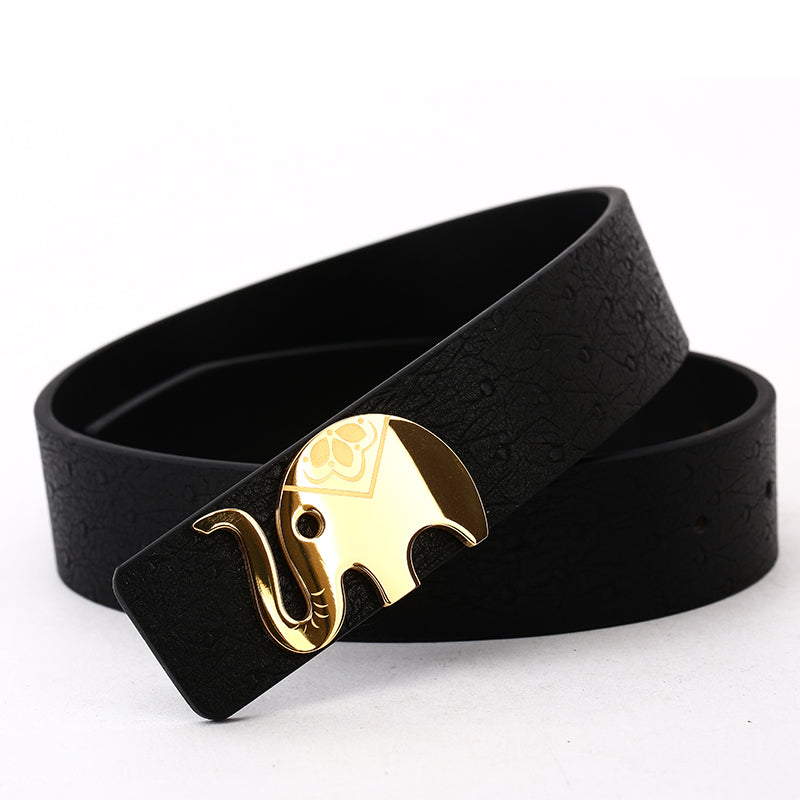 Elephant Garden Women's leather belt with golden logo buckle-black-B7213