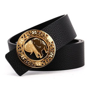Elephant Garden Litchi Grain Leather Belt with Elephant Logo Buckle - Black -B8201