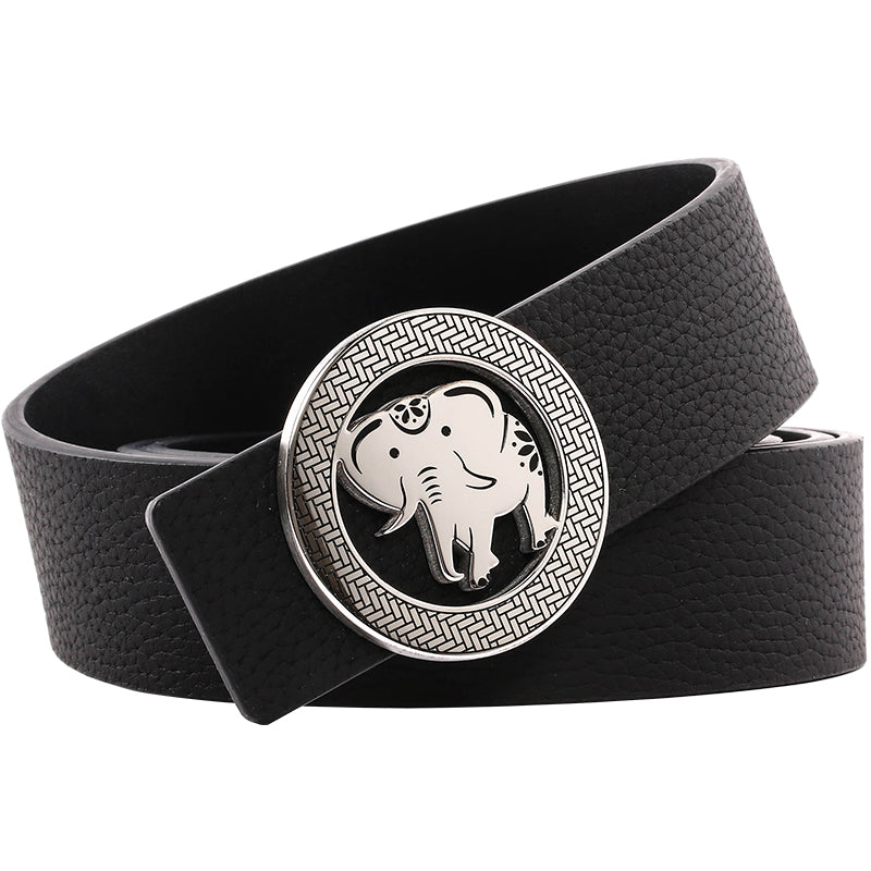 Elephant Garden Men's Litchi Grain Leather Belt with Steel Buckle-Black-B9110