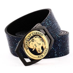 Elephant Garden Women & Men's Leather Belt With Black /Golden Logo Buckle Blue Black -B9103