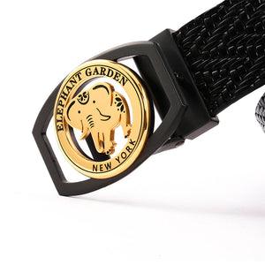 Elephant Garden Braid Leather Belt with Golden Logo Buckle - Black -B9401