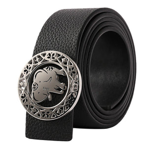 Elephant Garden Litchi Grain Leather Belt with Elephant Logo Buckle - Black -B8201