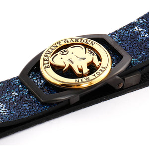 Elephant Garden Women & Men's Leather Belt With Black /Golden Logo Buckle Blue Black -B9103