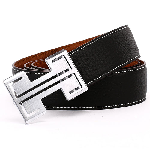 Elephant Garden Men's Leather Business Belt with Steel Pierced Buckle-Black-B7078