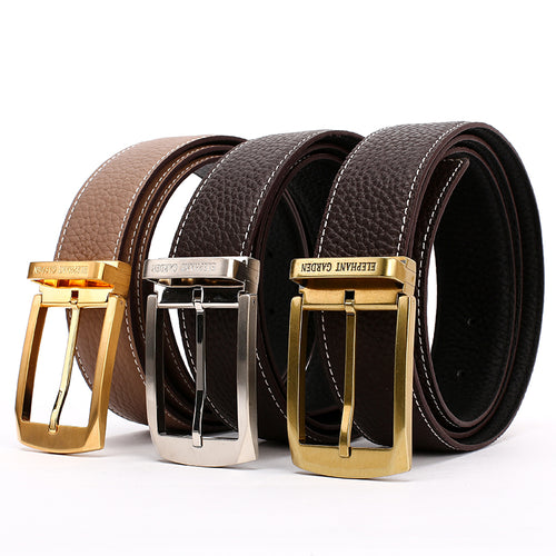 Elephant Garden Men's Litchi Grain Leather Belt with Logo Buckle-Black-B7027