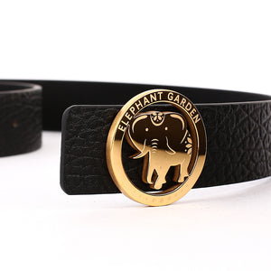 Elephant Garden Men's Embossed Leather Belt with Steel Logo Buckle-Black-B7218