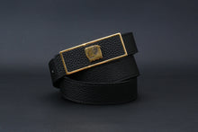 Load image into Gallery viewer, Elephant Garden Women&#39;s Litchi Grain Leather Belt with Graffiti-Logo Plate Buckle Black-B6218