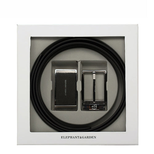 Elephant Garden Men's 3pcs Leather Belt Set (2 Buckles)- B7504-Black